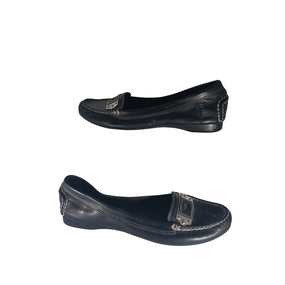 Franco Sarto L-Kaiser Loafers 7.5 Black Leather Contrast Stitch Preppy Flats